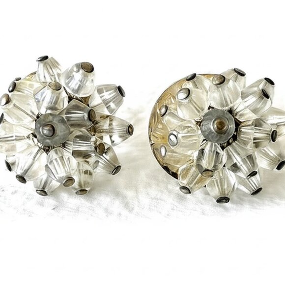 Vintage AB Crystal Cluster Beaded Earrings Clip on Glass 50s - Picture 1 of 5